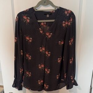 Tahari Black Blouse with Pink Floral Design